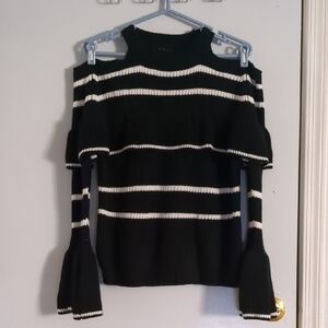 Olive Scent Striped Cold-Shoulder Ruffle Knit Sweater Bell Sleeves Large